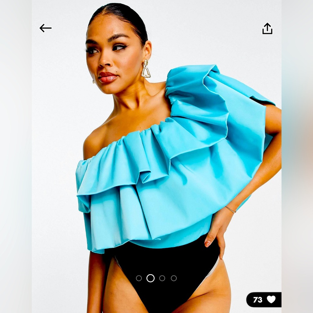 ASOS design going out ultimate off shoulder double ruffle body suit in blue.